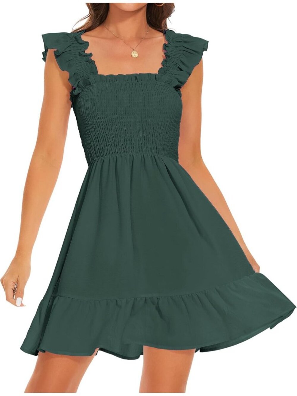 Women's Green Smocked Dresses Square Neck Elegant Tiered Boho Ruffle Shoulder